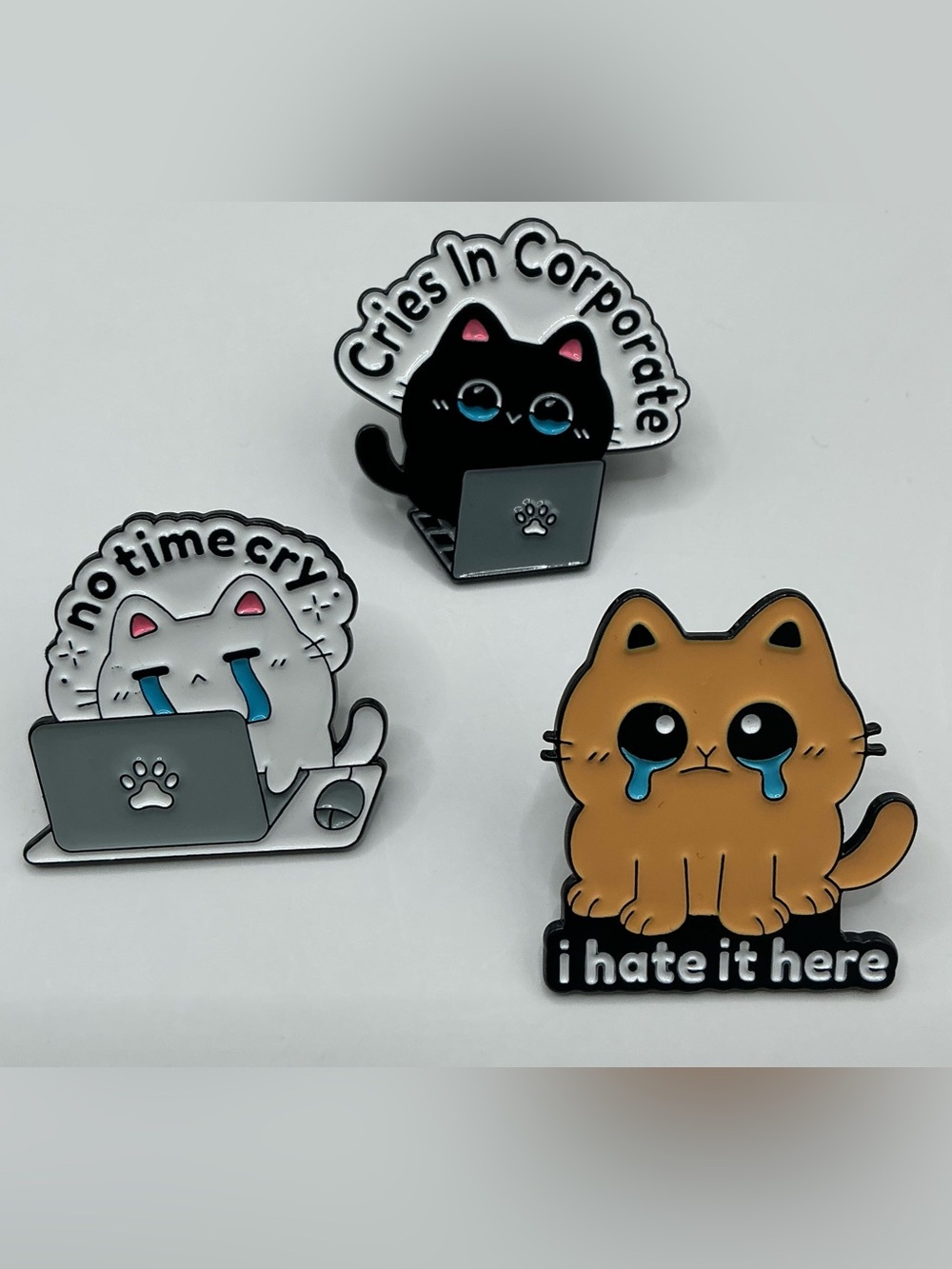 3 CUTE SARCASTIC ENAMEL CRYING CAT PINS ENAMEL LAPEL NWOT